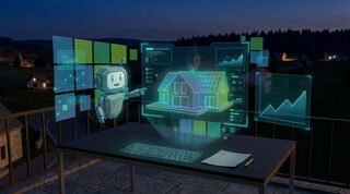 Ein digitaler Assistent erklärt die aktuelle Lage betreffend der Hypothek eines Hauses. Das Haus ist als 3D Hologramm sichtbar. Sowie auch der Assistent selbst, diverse Charts und Visualisierungen. Auf dem Tisch liegt ein Papier mit Notitzen und eine virtuelle Tastatur ist auf den Tisch projeziiert.